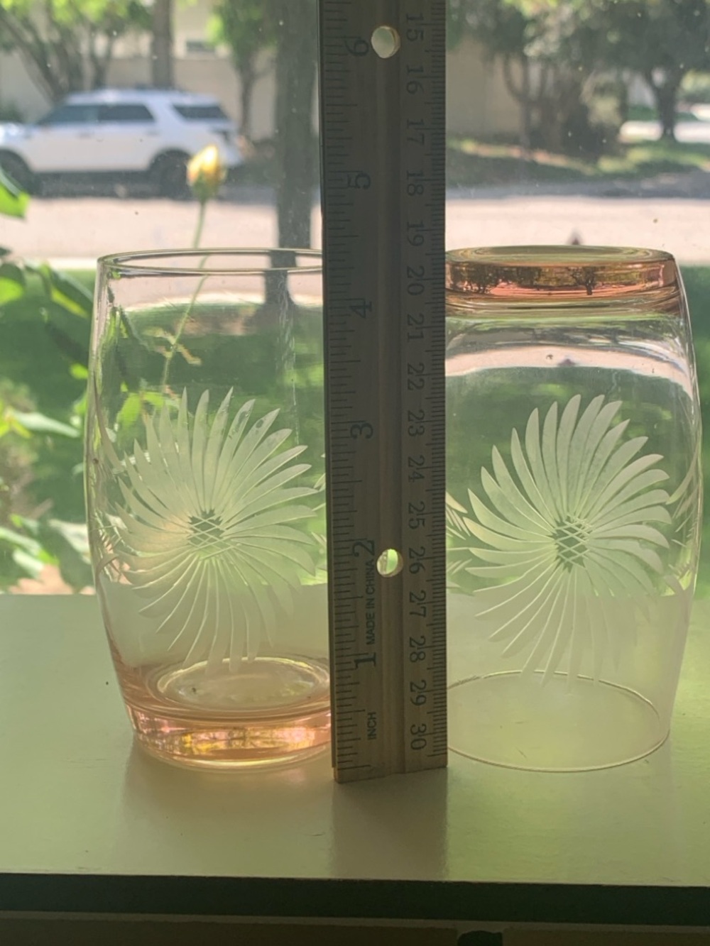 Vintage Pink Glass Tumblers ~ Etched Sunflower Design